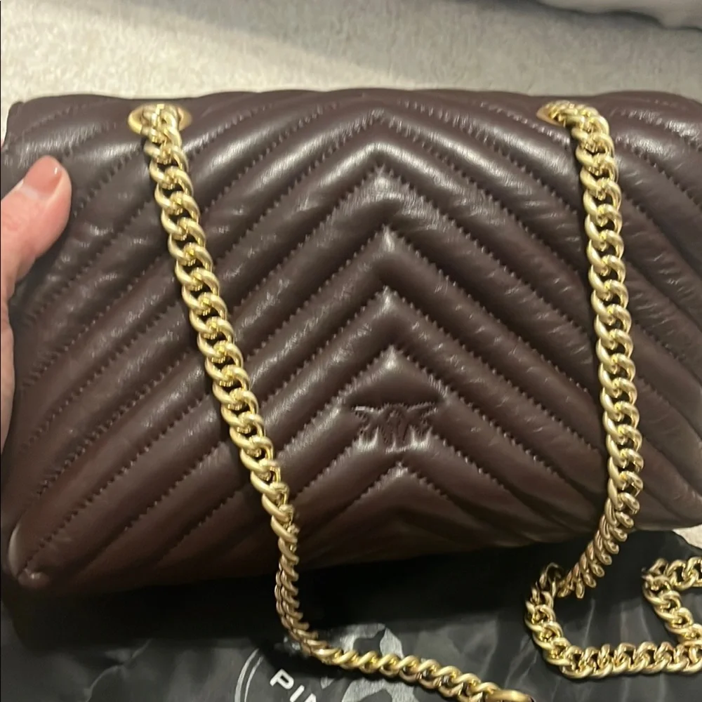 Pinko Quilted Chevron Brown and Gold Shoulder Bag - Picture 4 of 6